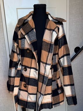 Plaid Double-Breasted Women’s Peacoat - Camel, Black & Cream